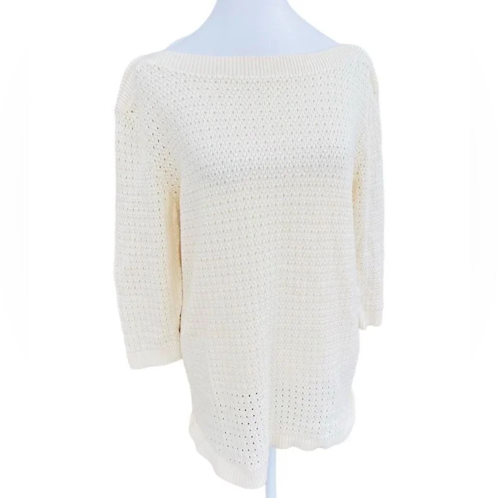 Tommy Hilfiger Ivory Open Knit Cotton 3/4 sleeve boat neck sweater size L.